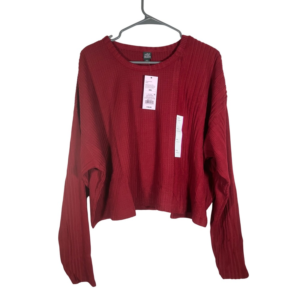 Wild Fable Berry Red XXL Long Sleeve Cropped Ribbed Waffle Knit Top Blouse NWT